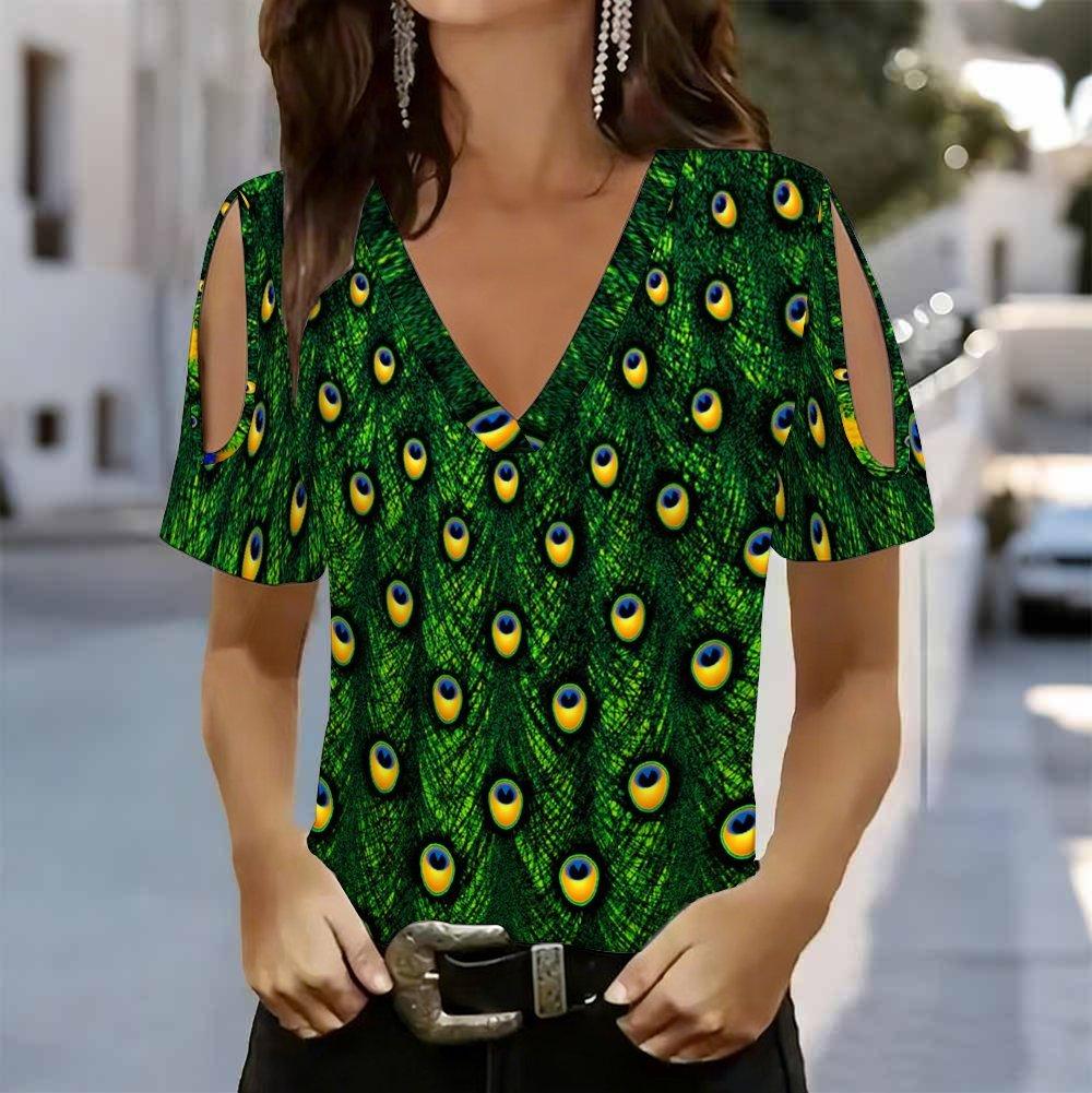 Damen V-Ausschnitt Cold Shoulder Bluse Schwarze Basis Lebendiger Gelb-Grüner Pfauenfederdruck Oberteil