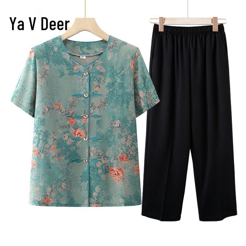 Yalu Elderly Women's Ice Silk Short Sleeve Summer Set
