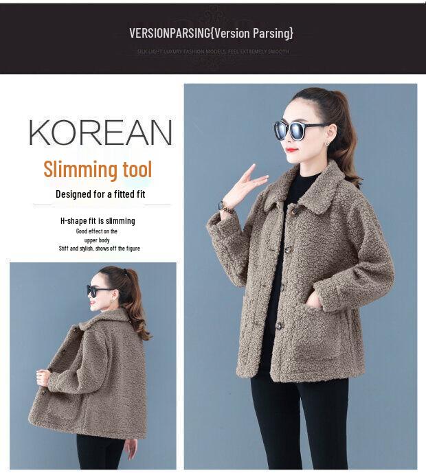 Women's Lambskin Granular Fleece Coat - Autumn/Winter Cardigan for Middle-Aged