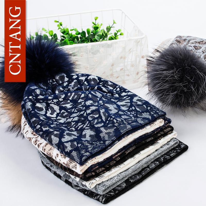 Women Winter Warm Hats Fashion Bronzing Leopard Hats with Natural Pompom Fur Caps Female Knitted Wool Hat Raccoon Beanies