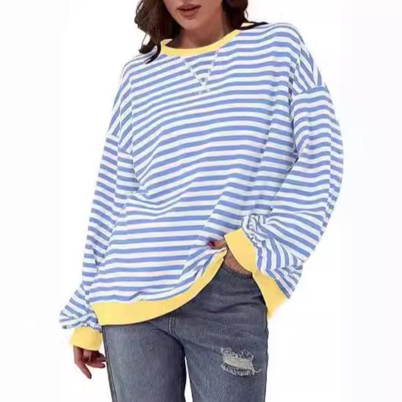 Herbst- und Winter-T-Shirt, minimalistisches Home-Casual-Streifenmuster, weiblicher Rundhalsausschnitt, langärmeliger Pullover, Farbblock-T-Shirt