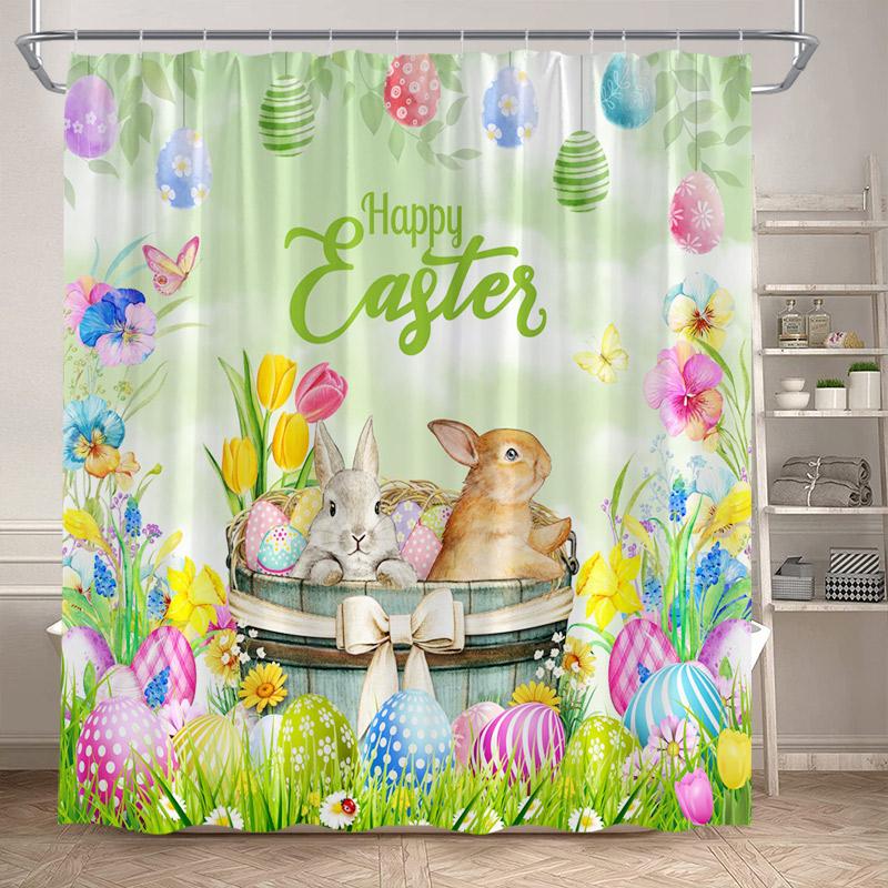 Funny Bunny Easter Shower Curtains Butterfly Watercolour Floral Rabbit Eggs Rustic Fabric Home Bathroom Curtain Decor With Hooks
