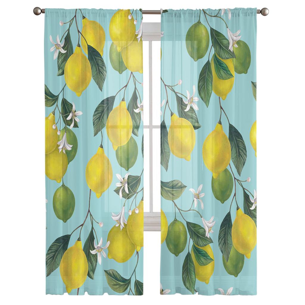 Yellow Lemon Green Leaf Fruit Tulle Sheer Window Curtains for Living Room Kitchen Children Bedroom Voile Hanging Curtain