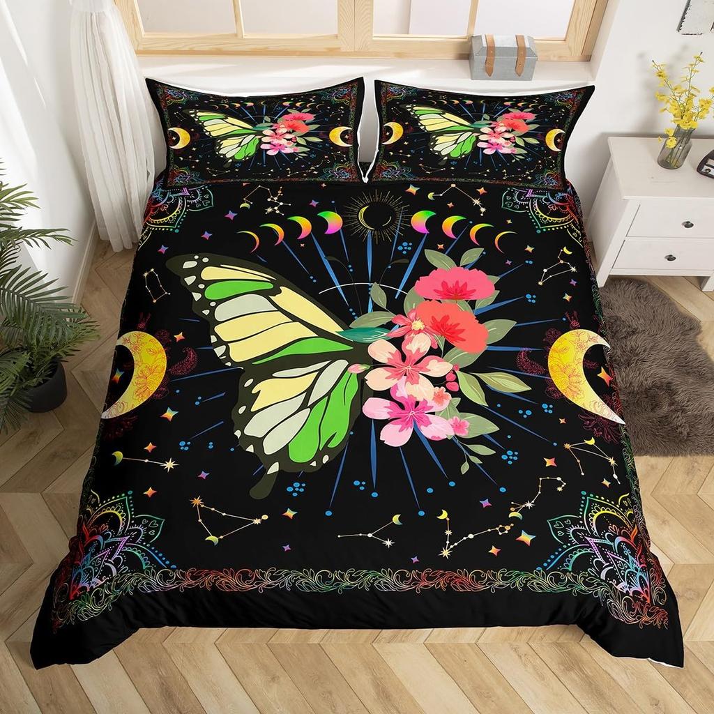 Gothic Moth Duvet Cover Set Queen Twin SizeDreamy Butterfly Animal Rustic Leaves Bedding SetExotic Starry Moon Sky Quilt Cover