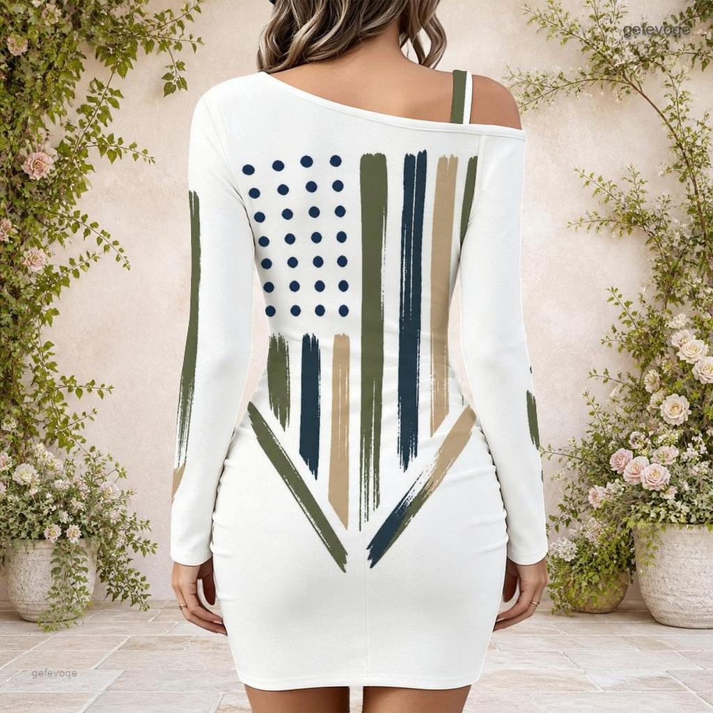 Women Plus Size One Shoulder Long Sleeve Star Stripe Printed Bodycon Mini Dress