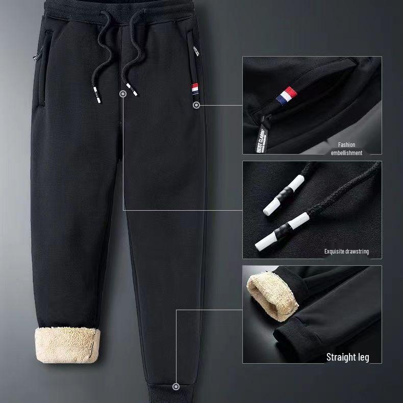 Men's Winter Lambskin Fleece Pants: Extra Thick, Warm, Loose Straight-Leg with Zipper for Young, Middle-Aged, and Elderly.