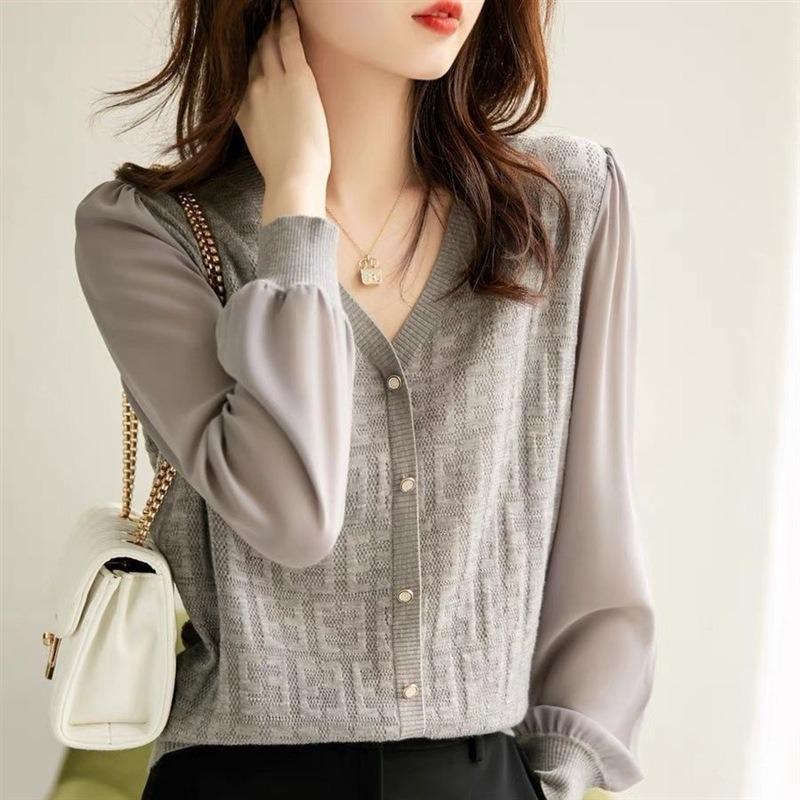 Fashionable Knitted Women's Autumn Wear Micro Transparent V-neck Long Sleeved Top T-Shirts Women’s