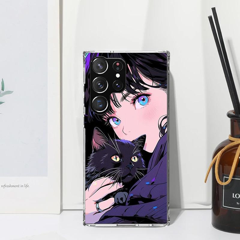 Anime Girls Cute Black Cat Phone Case For Samsung Galaxy S26 S25 Edge S24 FE S23 S22 Ultra S21 Plus S20 + Art Fundas Back Cover