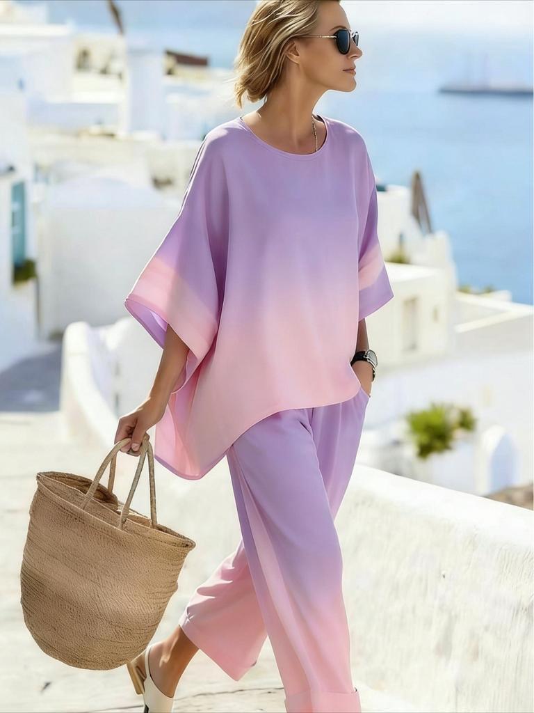 26 Summer Crew Neck Bat Sleeve Printed Two-piece Set Women's Loose Casual Top High Waist Wide Leg Pants Vacation Style Set