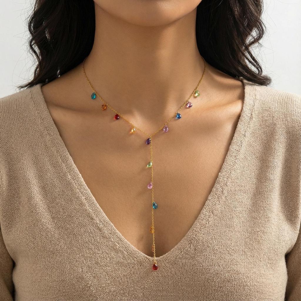 Multi-color Faceted Cubic Zirconia Water Drop Double-Layer Y-Chain Necklace