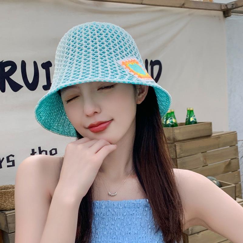 Knitted Bucket Hat Summer Hat Women Hollow Breathable Small Peach Heart Sun Hat Sunscreen Sun Hat Tide