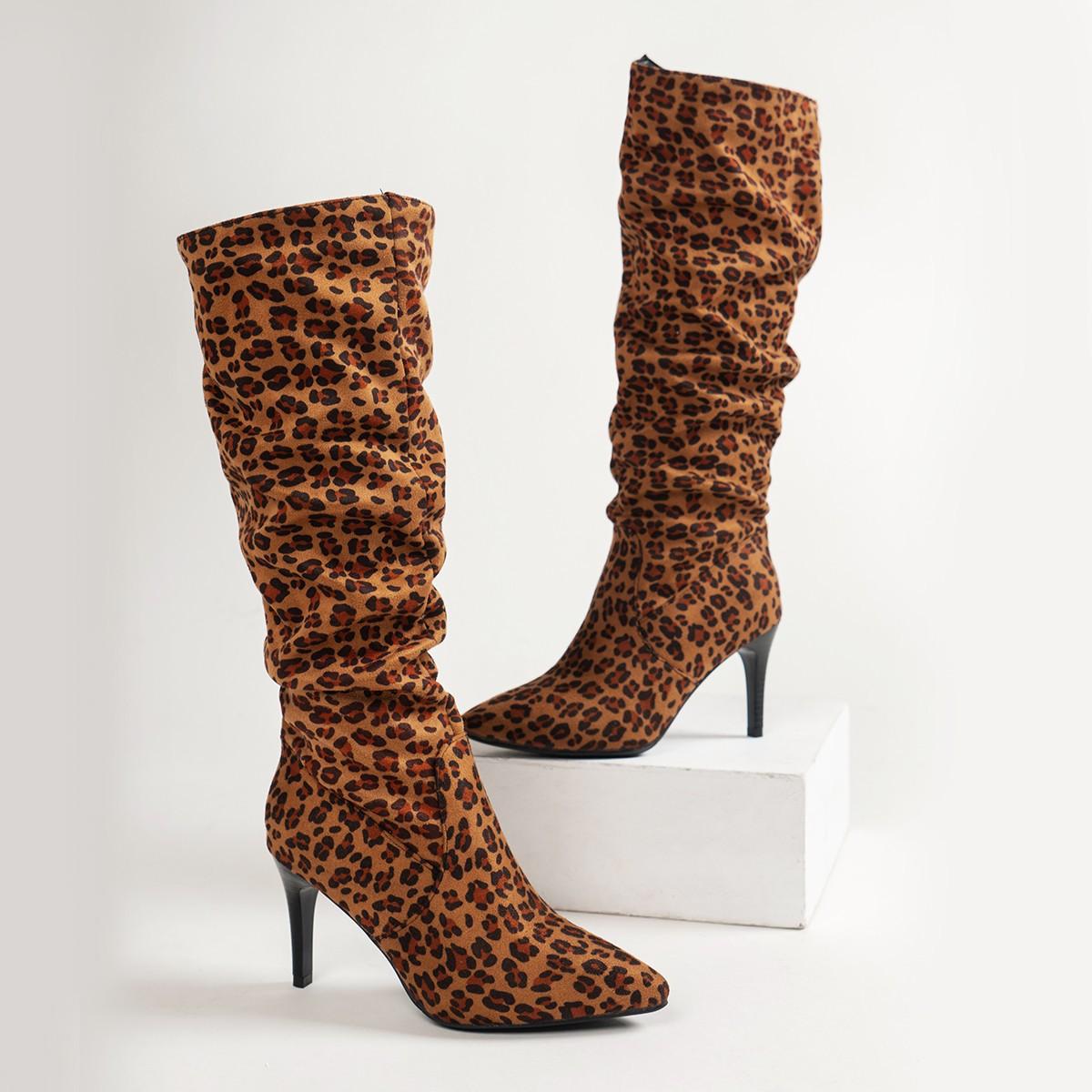 

Fine heel leopard print pleated but knee boots women s autumn pointed large size sexy high heel fashion boots 42