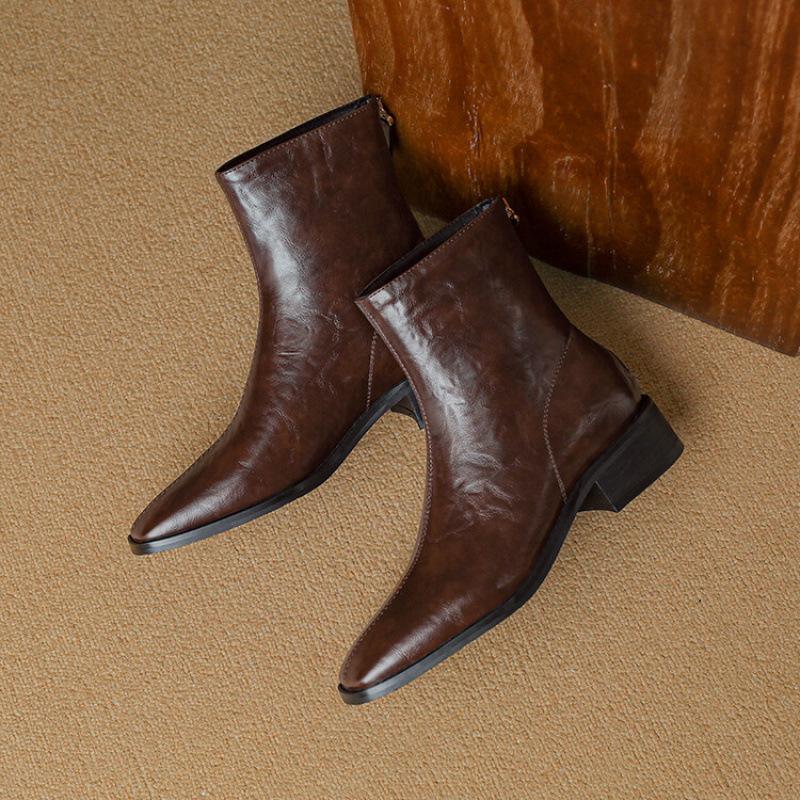 Korean version of the new square head Martin boots women's rubber sole large size leather boots with comfortable rear zipper autumn and winte