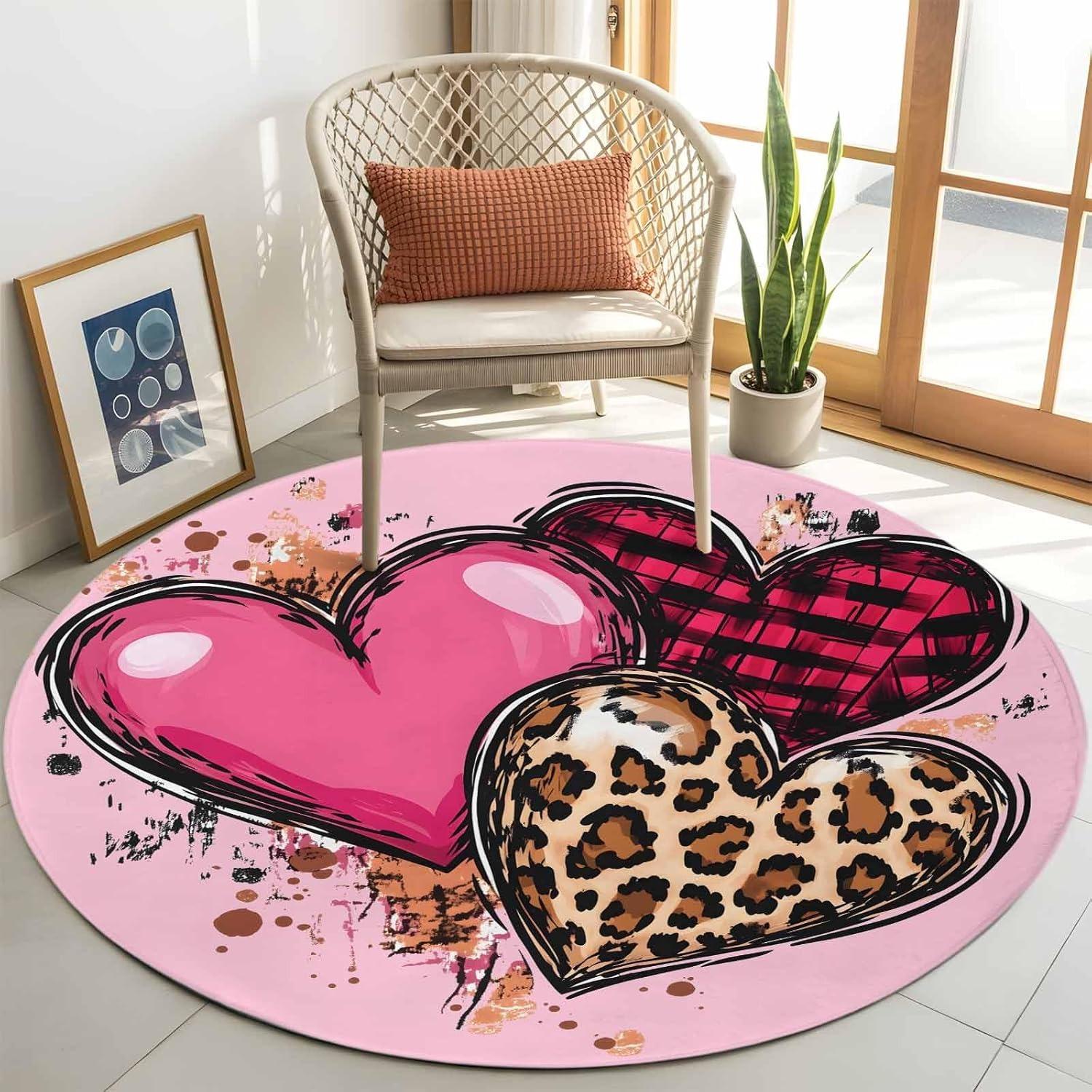 

Heart Print Round Rug Pink Leopard Print Modern Girly Art Home Decor Carpet Soft Non-Slip Mat Living Room Valentine s Day Decor 80cm x 80cm