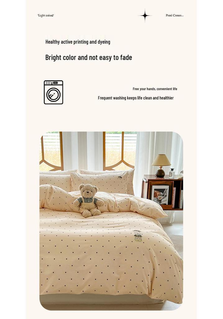 Washable Cartoon Cotton Embroidery Duvet, Bed, and Fitted Sheet Set - Soft, Fluffy Cloud Design for Dormitories.