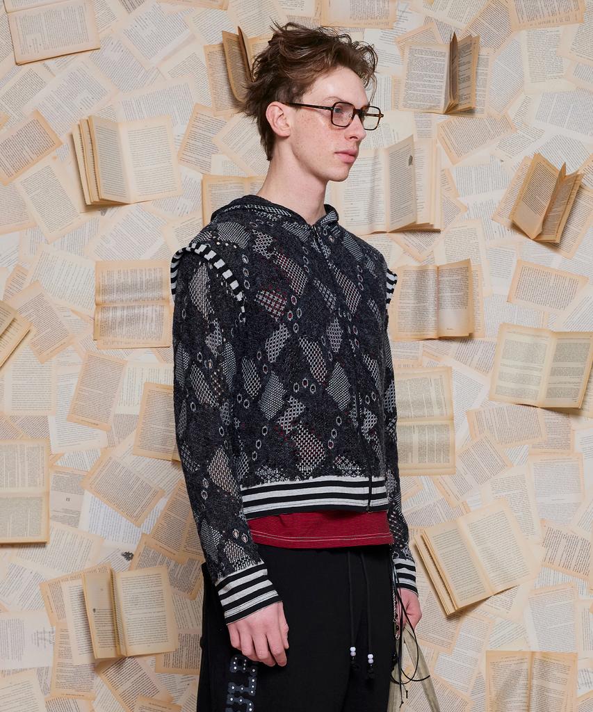 Unalloyed Crochet Zip-Up Knit Hoodie / Charcoal