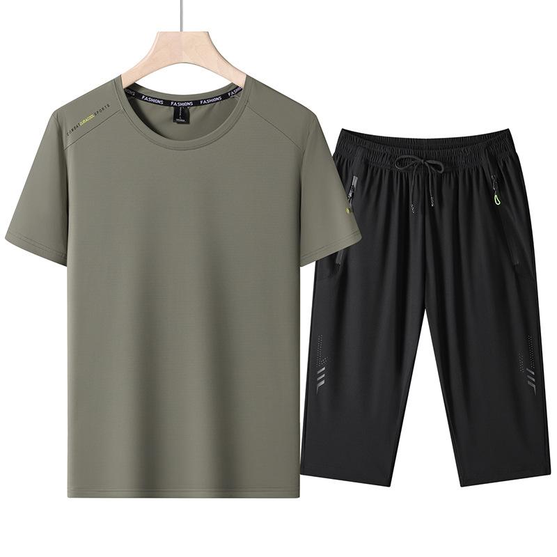 Summer Ice Silk Round Neck Short Sleeve Suit Men's Outdoor Sports Loose Quick-drying T-shirt Cropped Trousers Two-piece Suit
