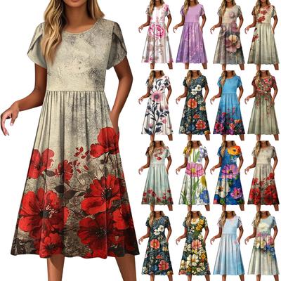 Damenmode Lässig Lose Bedruckte Rundhalstasche Kurzarmkleider