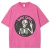 Skull Biye Black White Print Women's T-Shirt Washed Neutral Crew Neck Short Sleeve Vintage High Street Harajuku Style