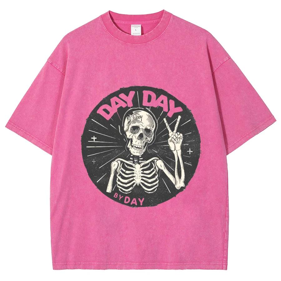 Skull Biye Black White Print Women's T-Shirt Washed Neutral Crew Neck Short Sleeve Vintage High Street Harajuku Style