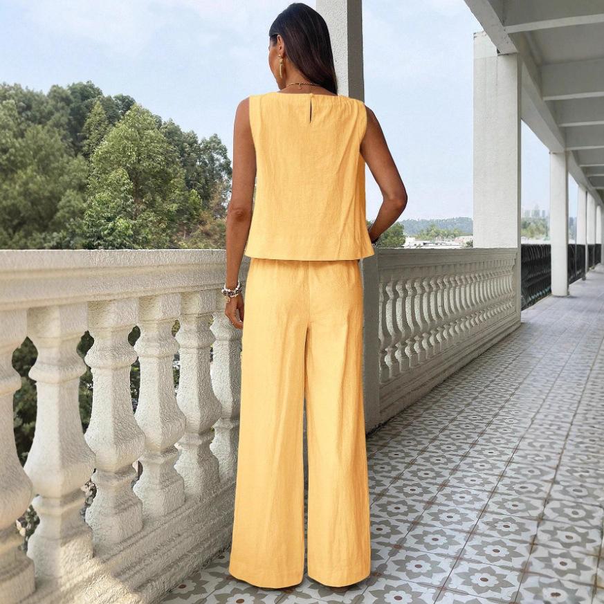 Women's Loose Fit Two Piece Outfit Sleeveless Tank Top High Waist Wide Leg Pantsuit