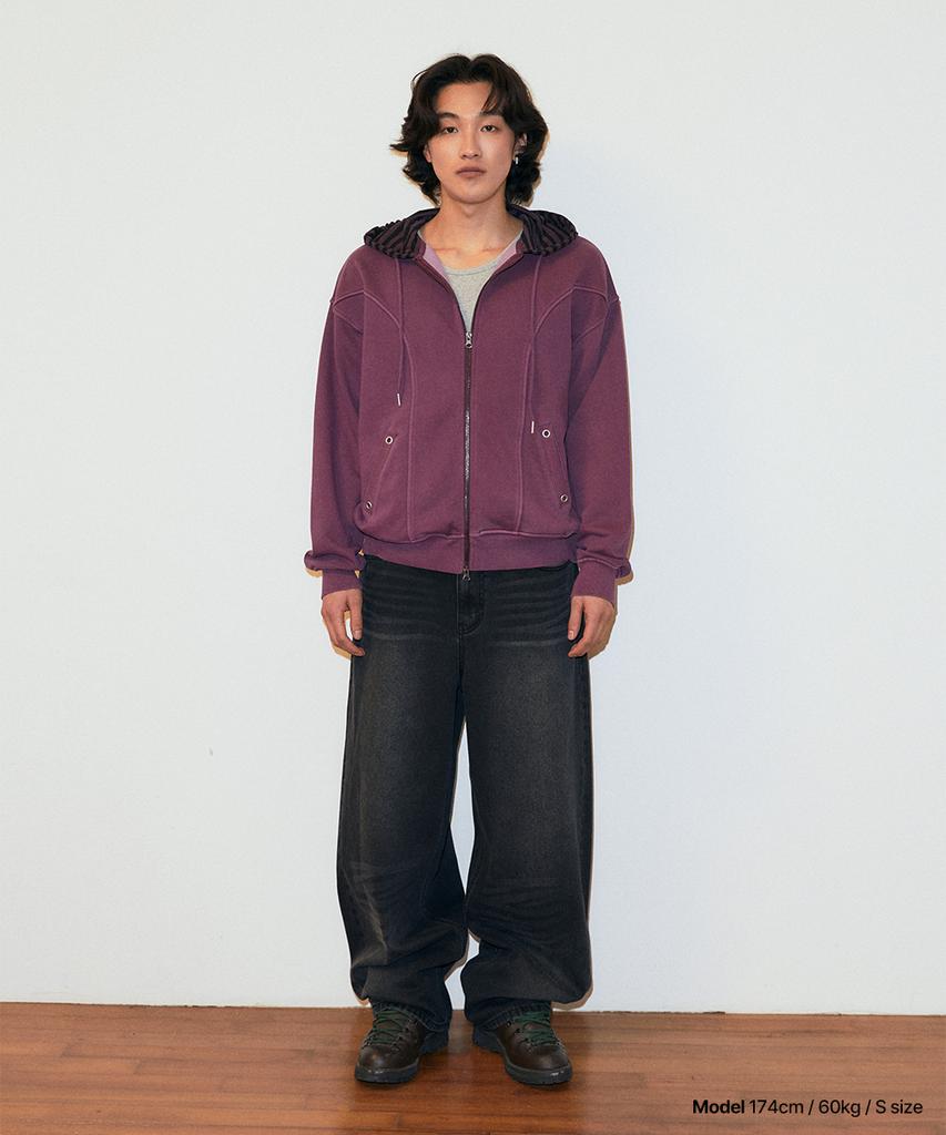 Mahagrid Pigment Stripe Mixed Zip Up Hoodie Purple(Mg2Fffm492A)