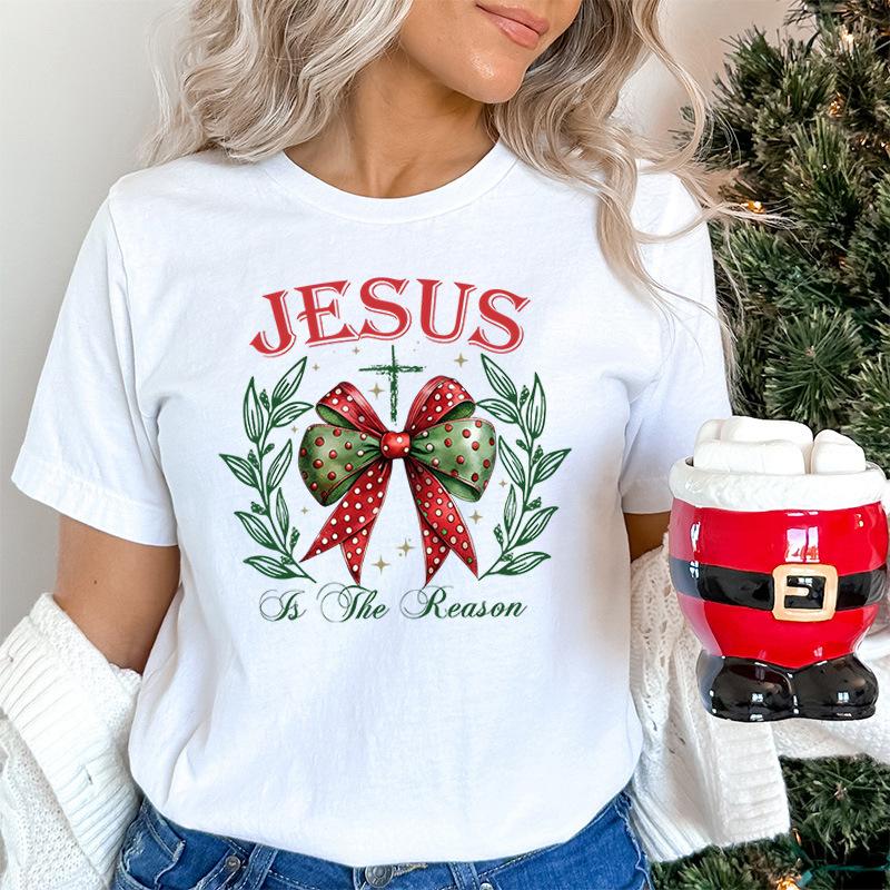 Weihnachten Bedrucktes Reines Baumwoll Kurzarm Damen Freizeit Trendiges T-Shirt Pullover Weihnachten Mode Oberteil T-Shirts Damen