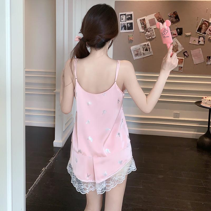 Ladies Spring and Summer New Ice Silk Pajamas Ironing Silver Butterfly Thin Sexy Suspender Shorts Set Silk Loungewear