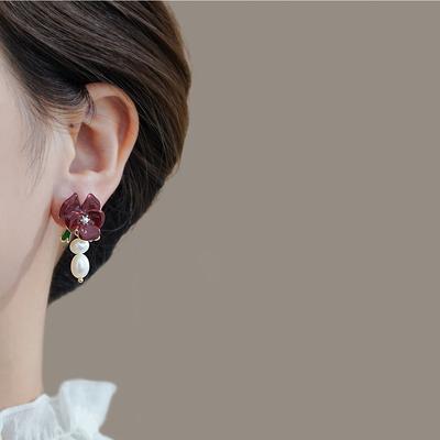 Boucles d'oreilles clous perle fleur à goutte d'huile boucles d'oreilles à tempérament élégant boucles d'oreilles de luxe léger haut de gamme niche