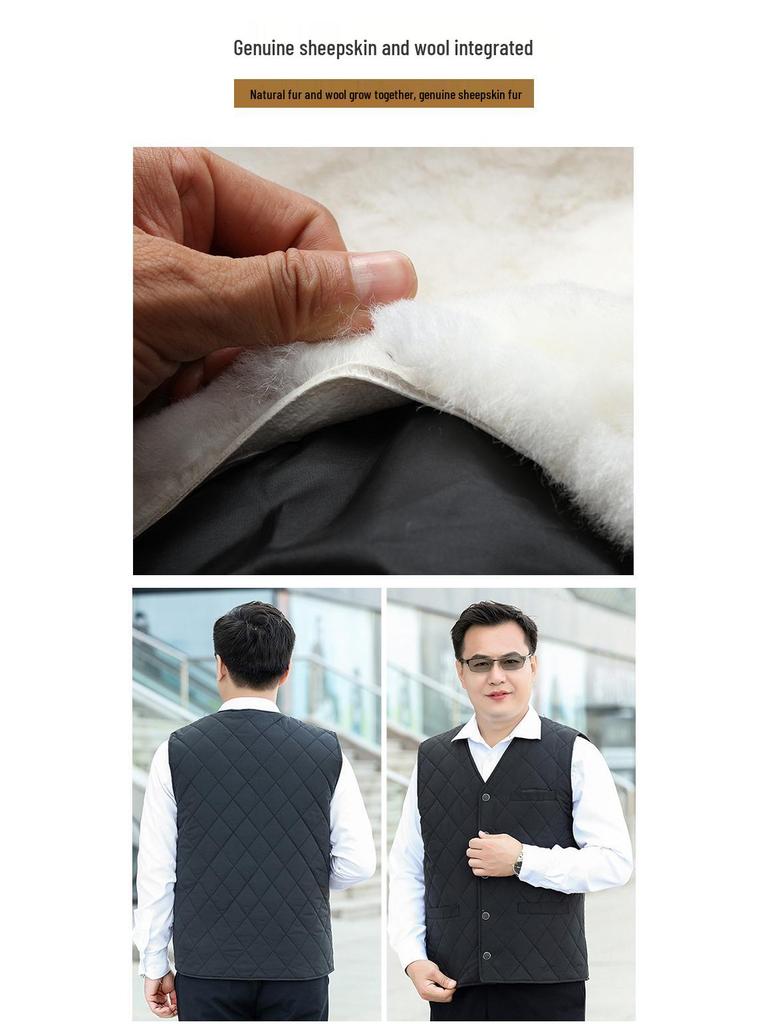 Men's Fur-Lined Wool Vest - Sheepskin Sleeveless Jacket for Middle-aged and Elderly Winter Warmth