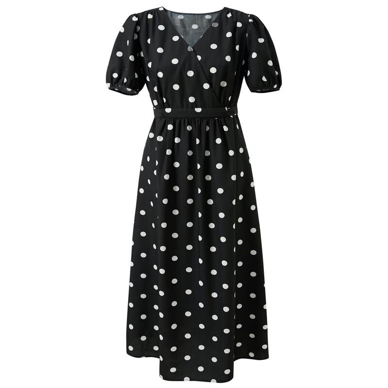 Sancai 2025 Summer Polka Dot V-Neck A-Line Long Dress
