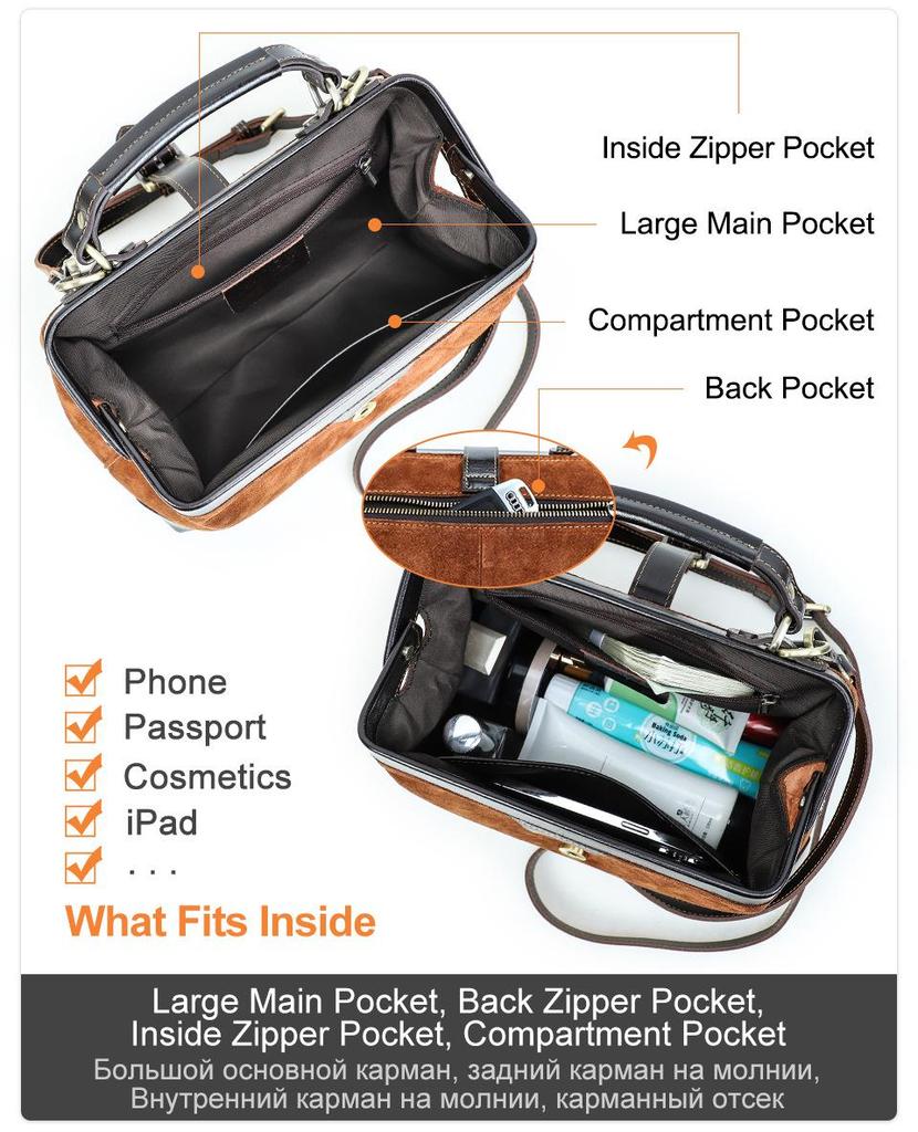 Damen Handtasche aus Wildleder und Rindsleder mit mehreren Fächern und Metallschnalle zum Tragen über einer Schulter oder als Crossbody Tasche