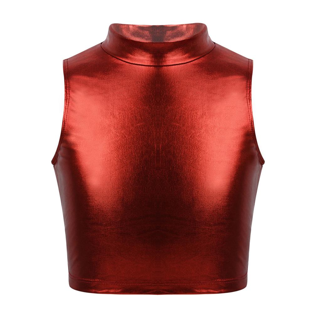 Girls Shiny Metallic Crop Tank Top Ballet Dance Jazz Hip Hop Performance Costumes