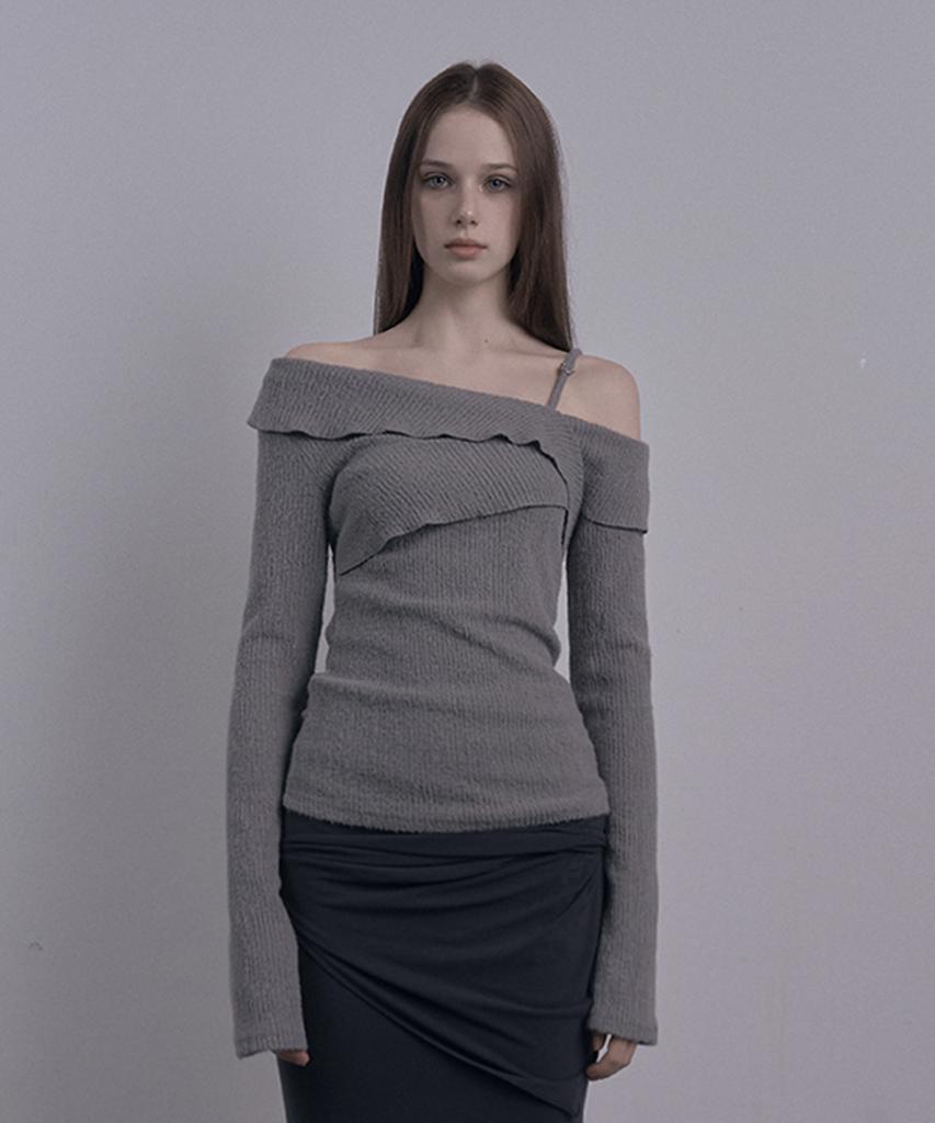 DAMIO Ruffle Draped Off Shoulder Knit Top (Gray)