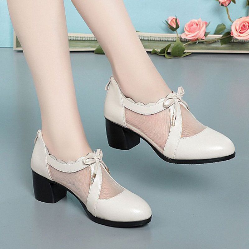 Rubber mesh square heel PU middle heel (3-5cm) solid color pointed head deep mouth sandals single shoes women's casual sports women's shoes