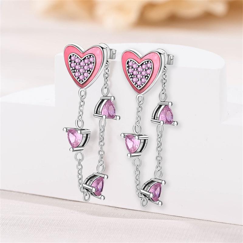 New Earring For Women 925 Silver Sparkling Cordate Zircon Pink Bow Princess Double Hoop Earrings Luxury Festival Party Jewelry