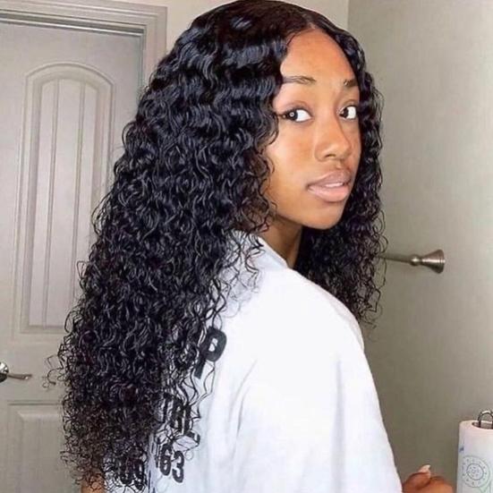 Women African Style Black Small Curly Wig Faux Central Parting Hair Hairpiece