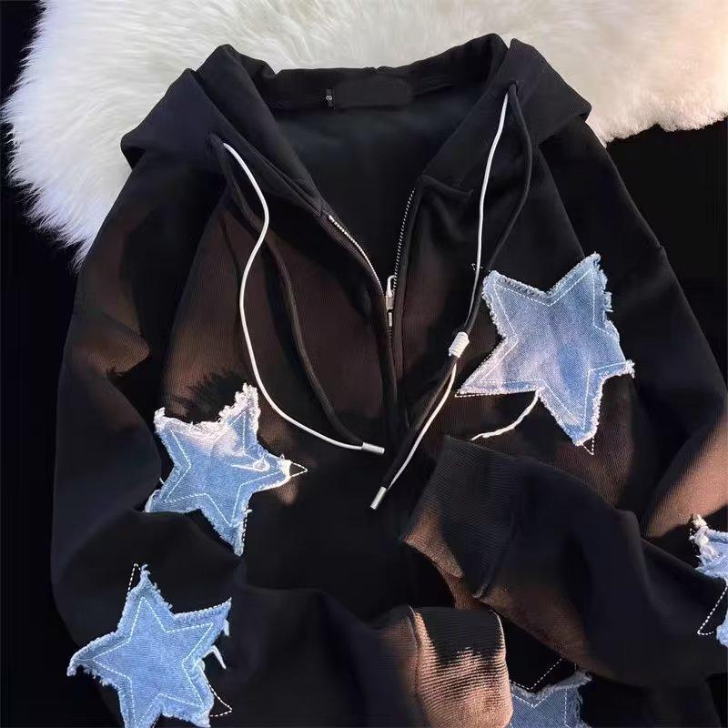 American Retro Patch Five-pointed Star Jacket for Men and Women Spring and Autumn Thin Loose Ins Hong Kong Style Oversize Sweatshirt