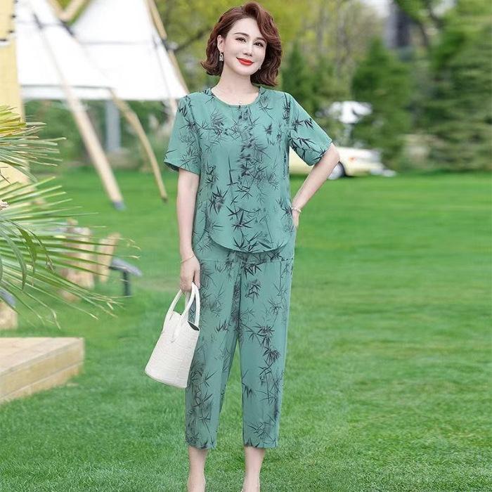 Ice silk cool feeling middle-aged and elderly mother nine-point wide-leg pants thin sports suit summer women's short sleeves