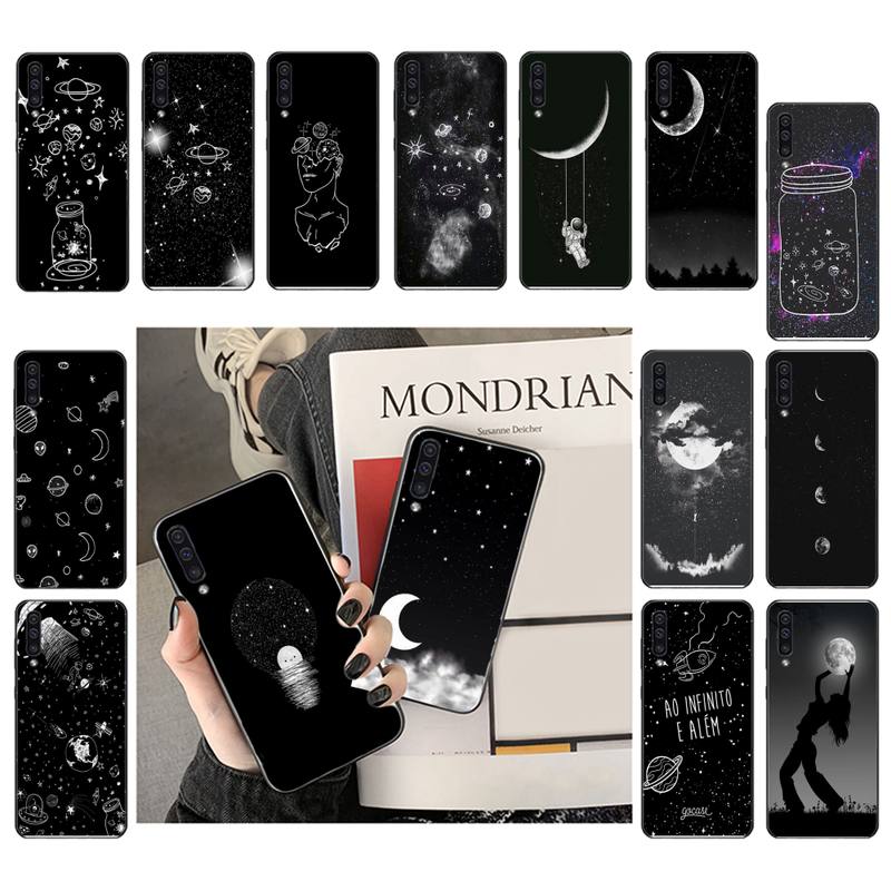 Black With White Moon Stars Space Astronaut Phone Case For Samsung Galaxy A7 A50 51 A70 80 A40 A20 A30 A8 A6 A8 Plus A9 A71