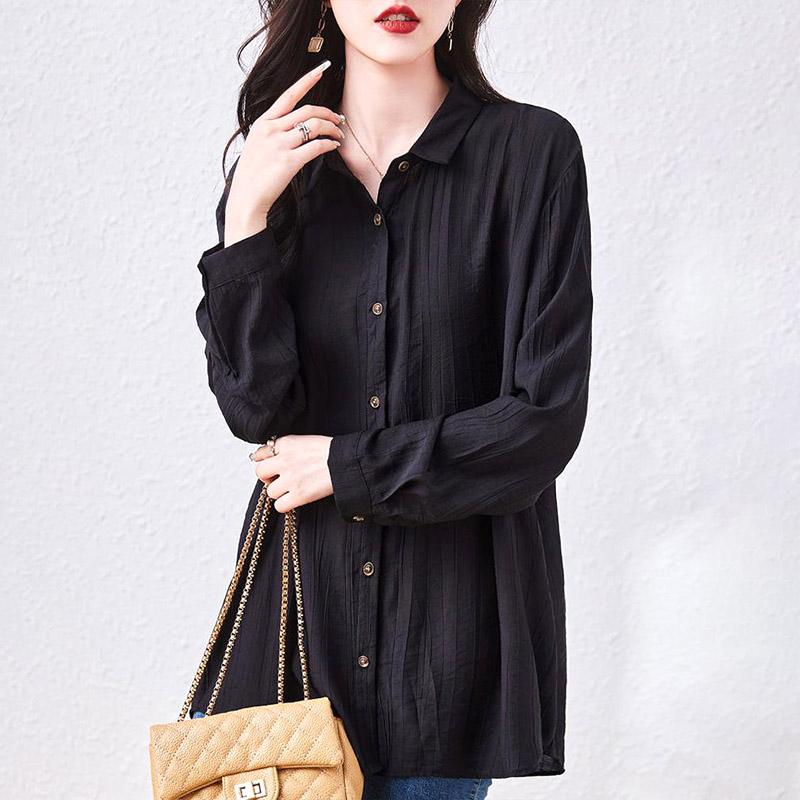 Women's Clothing Black Turn-down Collar Long Sleeve Tunic Blouse Black Autumn Fashionable Solid Color Casual Shirt Top