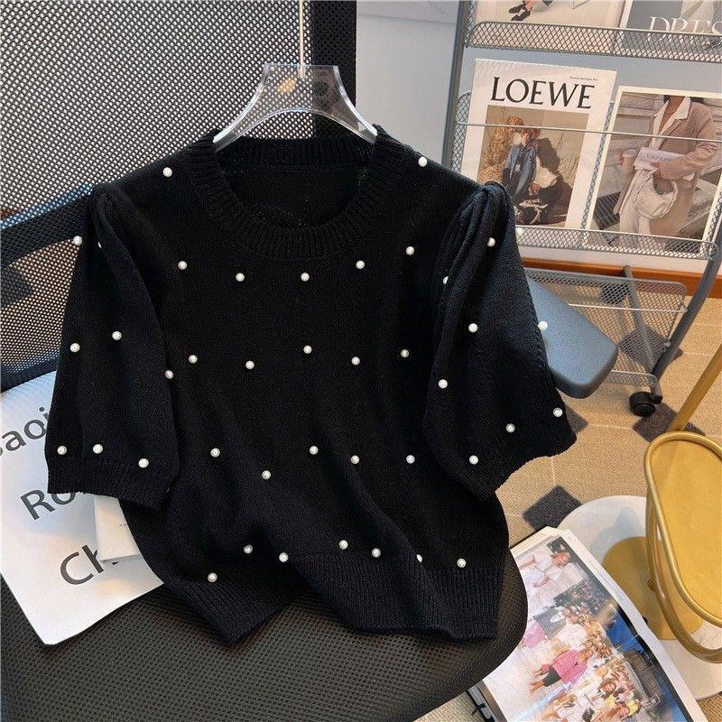 Women Elegant Pearl Decor Puff Sleeve Knit Short Sleeve T Shirt