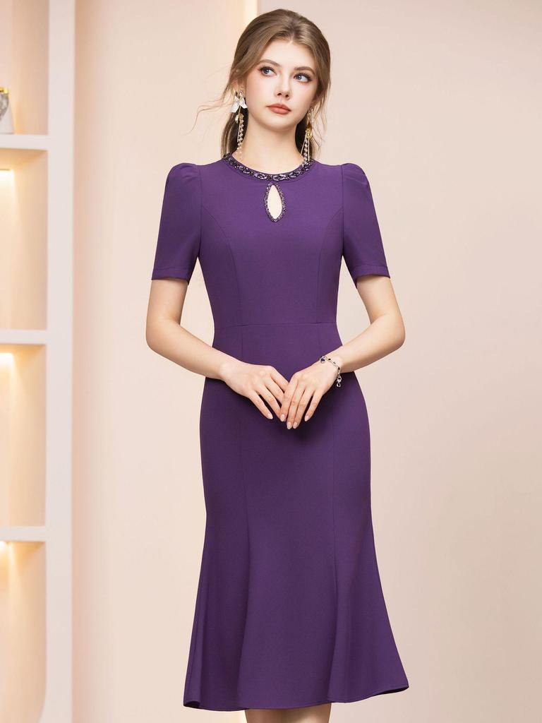 Zhi Li Purple Elite Dress with Rhinestone Cutout Neckline & Long Bodycon Mermaid Skirt - Summer 2026 Arrival