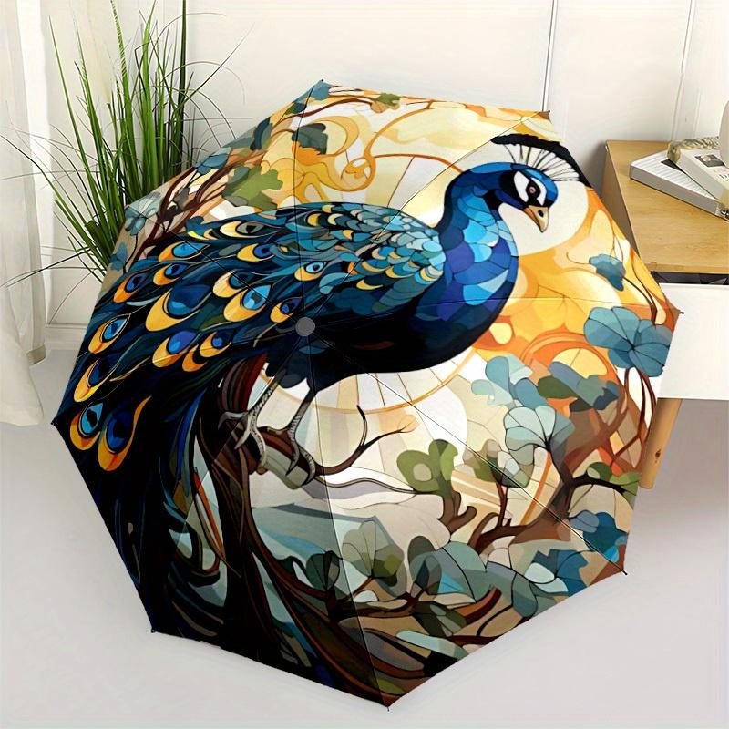 1pc Peacock Art Nouveau Automatic Open/close, Heavy-Duty Iron Frame & 8-Rib Structure, Compact Folding Umbrella for Women/Men,