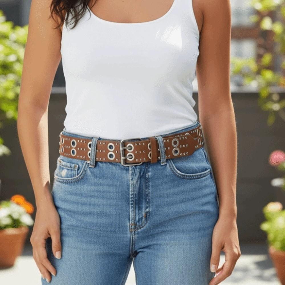 Personalized Design Hollow Rivet Belt Double Row Needle Buckle Black Leather Waistbands for Gift