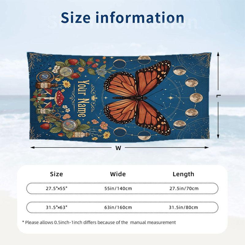Butterfly Art Nouveau Theme Quick Dry Beach Towel Custom Name Text Print Large Sand Resistant Towel Beach Vacation