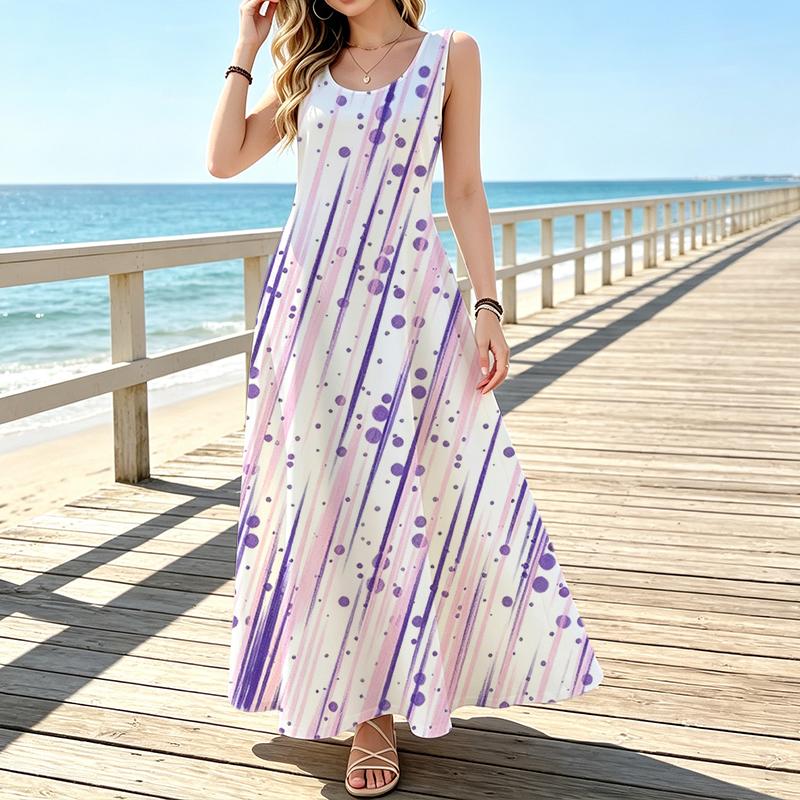 White Base Purple Pink Diagonal Brush Stripe Polka Dot Print Sleeveless Round Neck Maxi Dress, Loose Flowy Beach Vacation Long Dress For Women