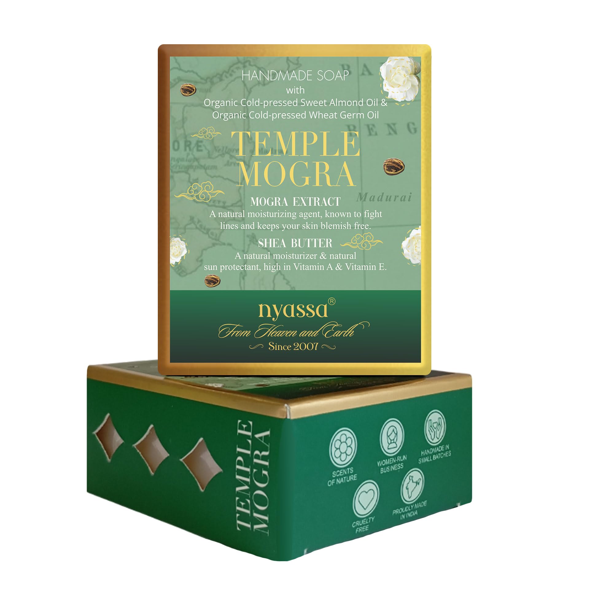 Nyassa Luxurious Temple Mogra Handmade Natural Bathing Soap-150grm | Mograa Extract & Shea Butter| Mogra Fragrance| All Skin Type 150gm