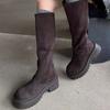 Flache Plateau Hohe Stiefel Damenmode Wildleder Kniehohe Schuhe Winter Motorradstiefel Gehtrend Gemütlich Mujer Botas