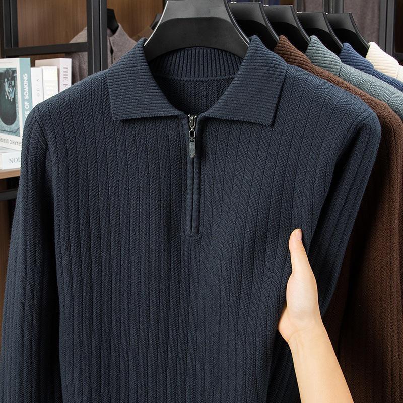 Men's Mid-Aged Half-Zip Knit Polo Shirt - Thick Solid Color Sweater for Autumn and Winter